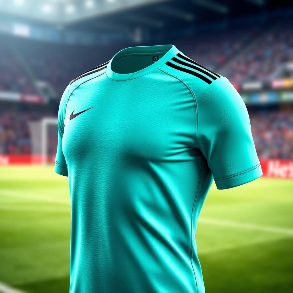 A vibrant turquoise soccer jersey with black accents, showcasing a sleek and modern design