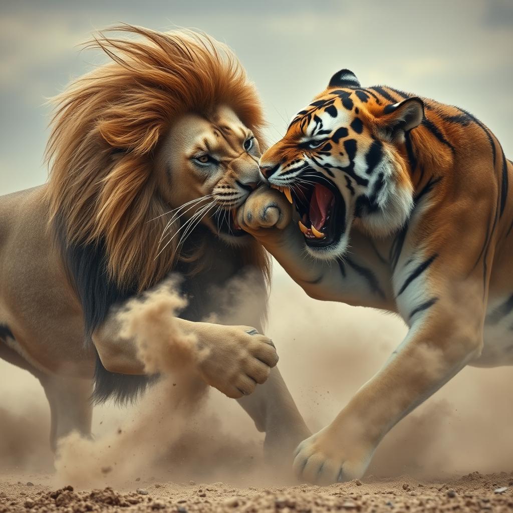 A dramatic scene depicting an intense fight between a lion and a tiger in a dusty environment
