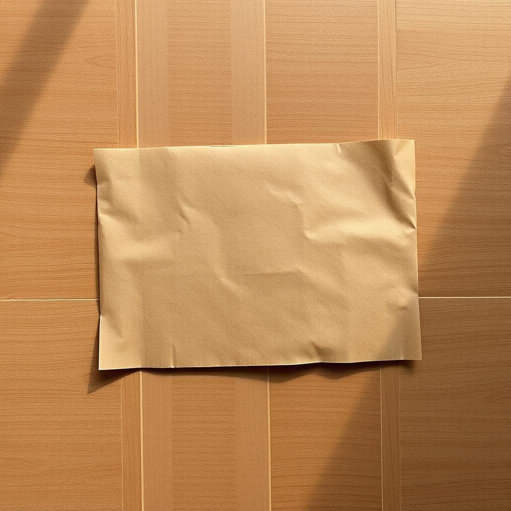 A realistic depiction of a piece of cardboard lying flat on a textured wooden surface