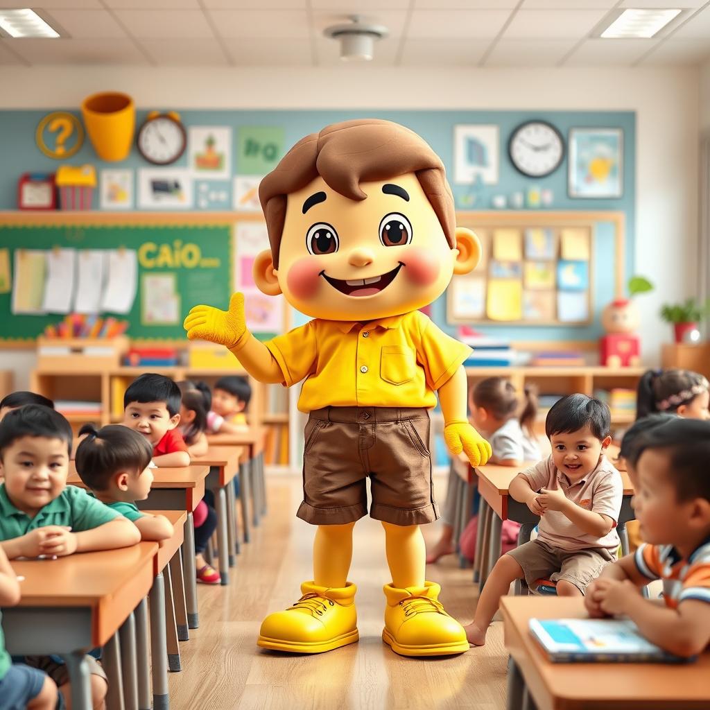 A mascot named Caio, representing a student in an early childhood class, actively participating in everyday classroom routines and interacting with children during learning activities and adventures