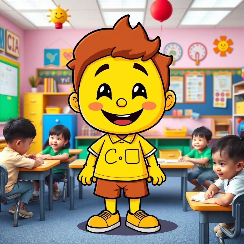 A friendly and vibrant class mascot named Caio, designed as a cheerful cartoon character representing a student in a kindergarten class