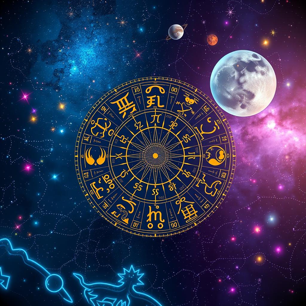 Astrology themed image, featuring a celestial night sky filled with vibrant constellations, planets, and cosmic elements