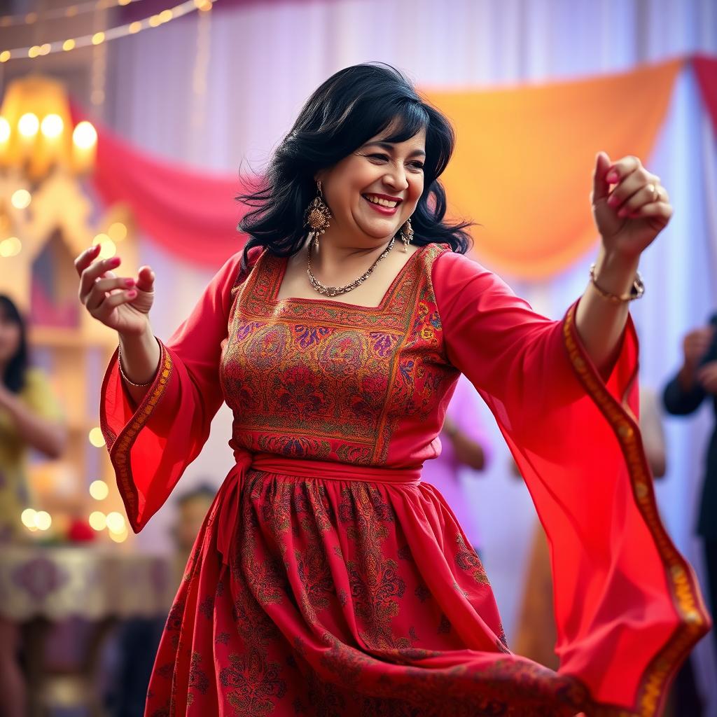 A joyful fifty-year-old woman with black hair, slightly plump, dancing gracefully in a traditional Iranian style