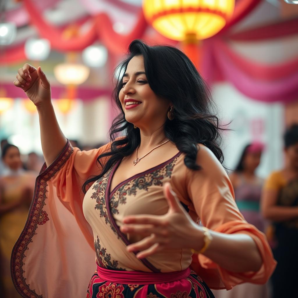 A beautiful fifty-year-old Iranian woman with black hair and a slightly curvy figure, dancing gracefully