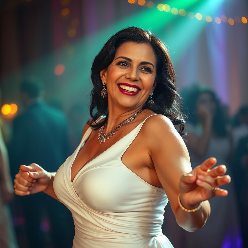 A beautiful 50-year-old Middle Eastern woman with black hair, wearing an elegant white evening dress