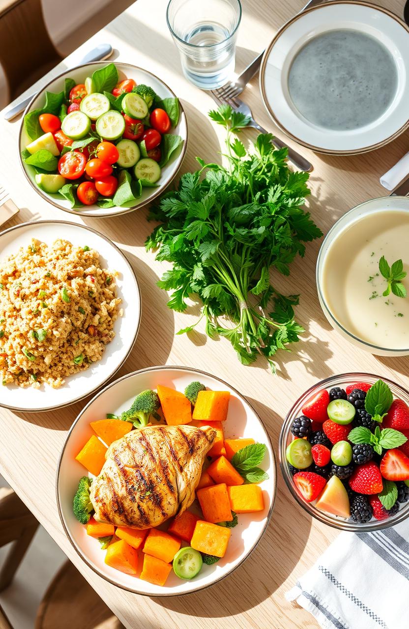 A beautifully arranged table featuring an assortment of vibrant, healthy diet recipes
