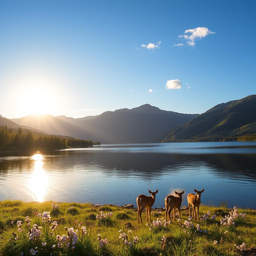 A serene landscape at sunrise, featuring a calm lake surrounded by lush green mountains and a clear blue sky