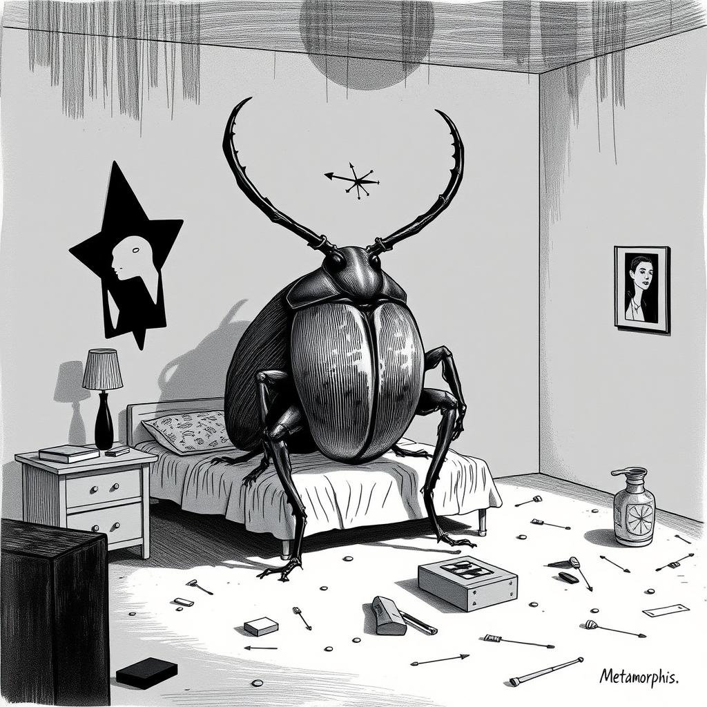 An illustration inspired by Kafka's 'Metamorphosis,' depicting the moment of transformation