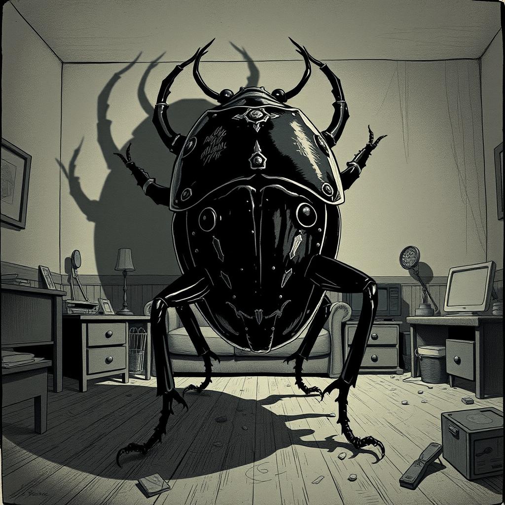 An illustration inspired by Kafka's 'Metamorphosis,' capturing the moment of transformation into a large, detailed black and white beetle
