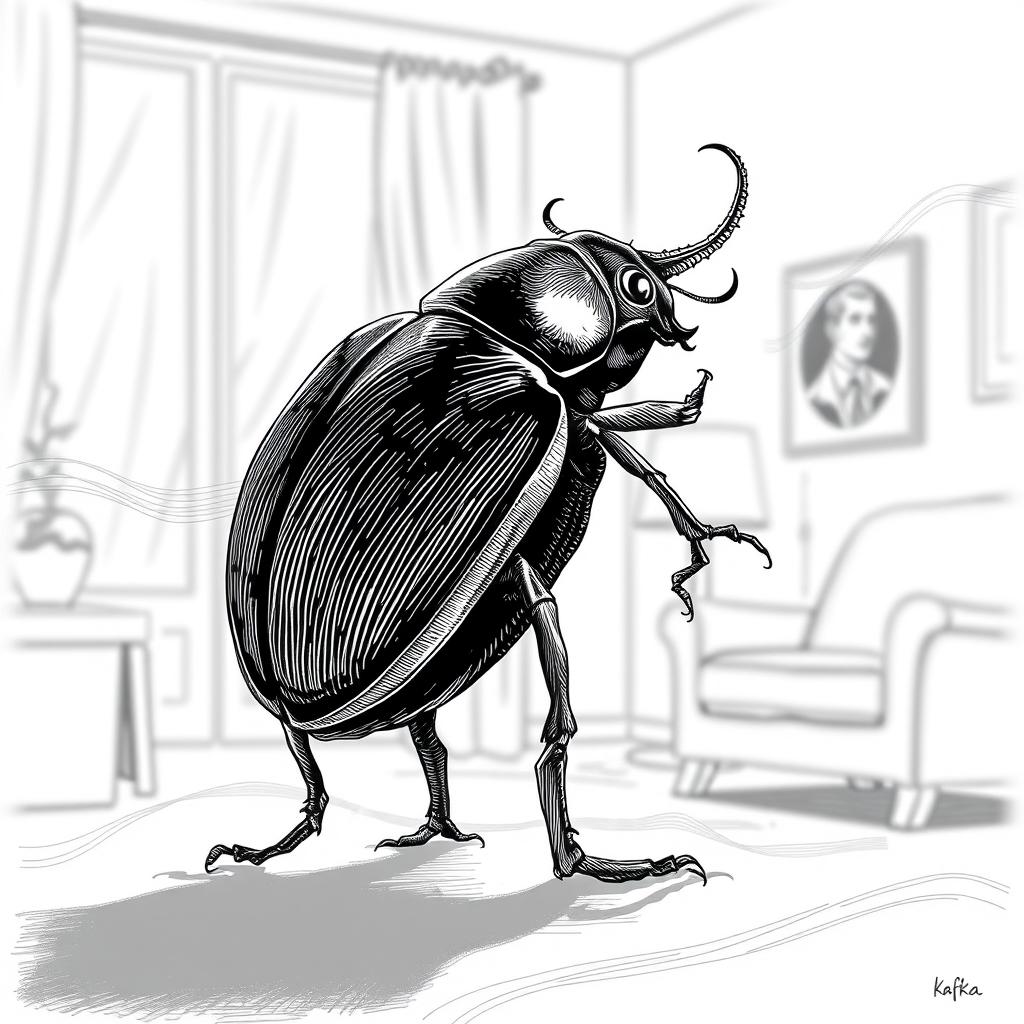 An illustration inspired by Kafka's 'Metamorphosis,' capturing the transformation into a large beetle, distinctly drawn with fine lines