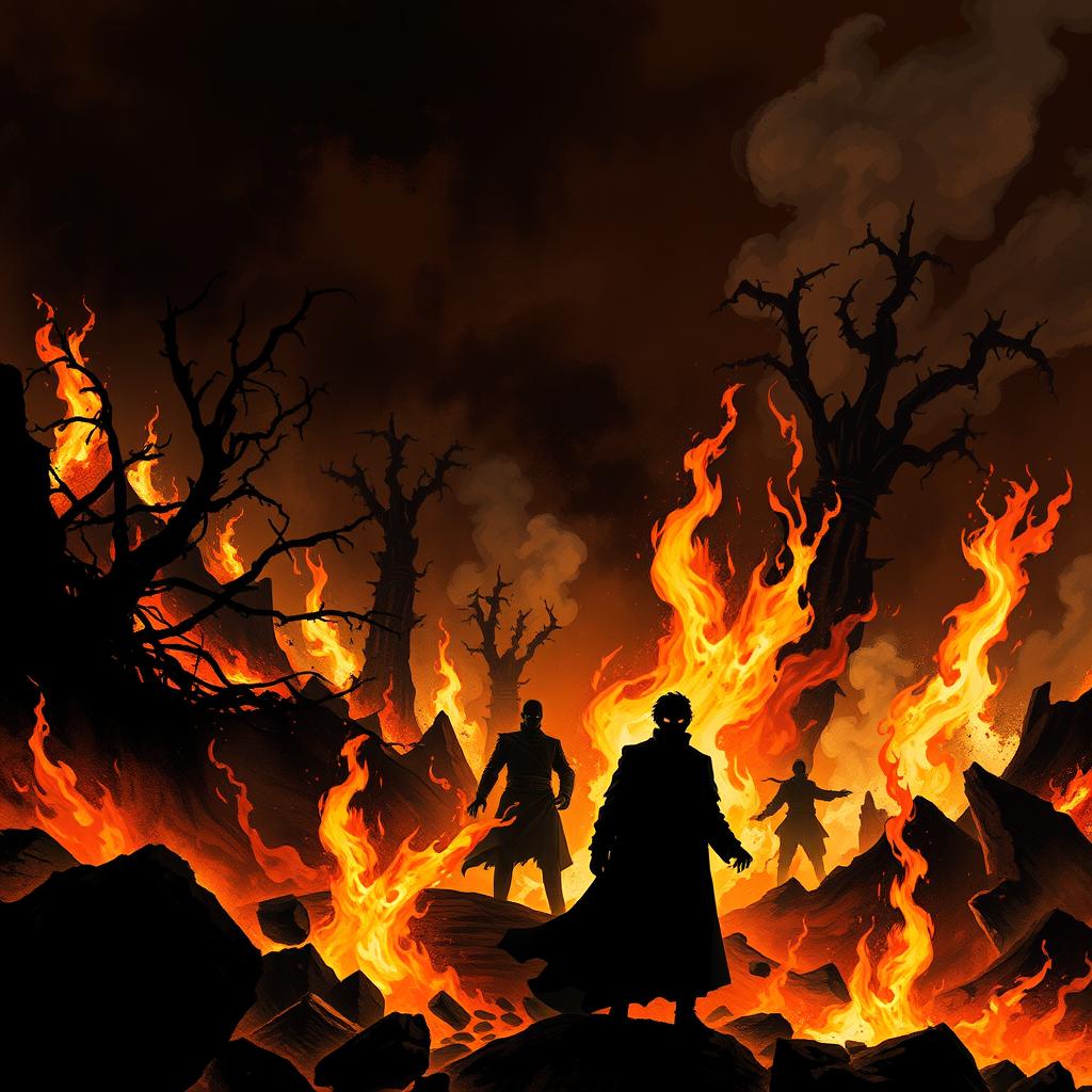 A dark and dramatic illustration of a shadowy, chaotic landscape ablaze, symbolizing destruction and greed