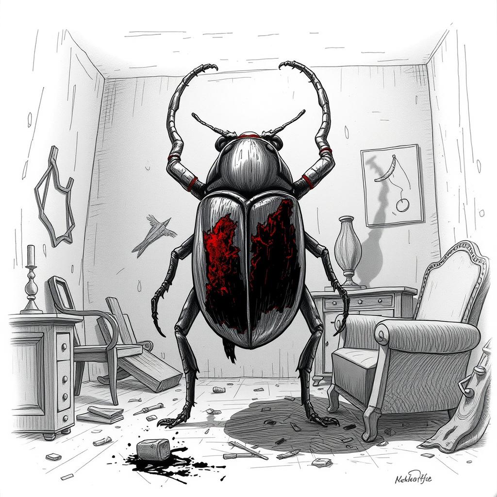 An illustration inspired by Kafka's 'Metamorphosis,' capturing the moment when the protagonist turns into a large beetle that appears to be burned