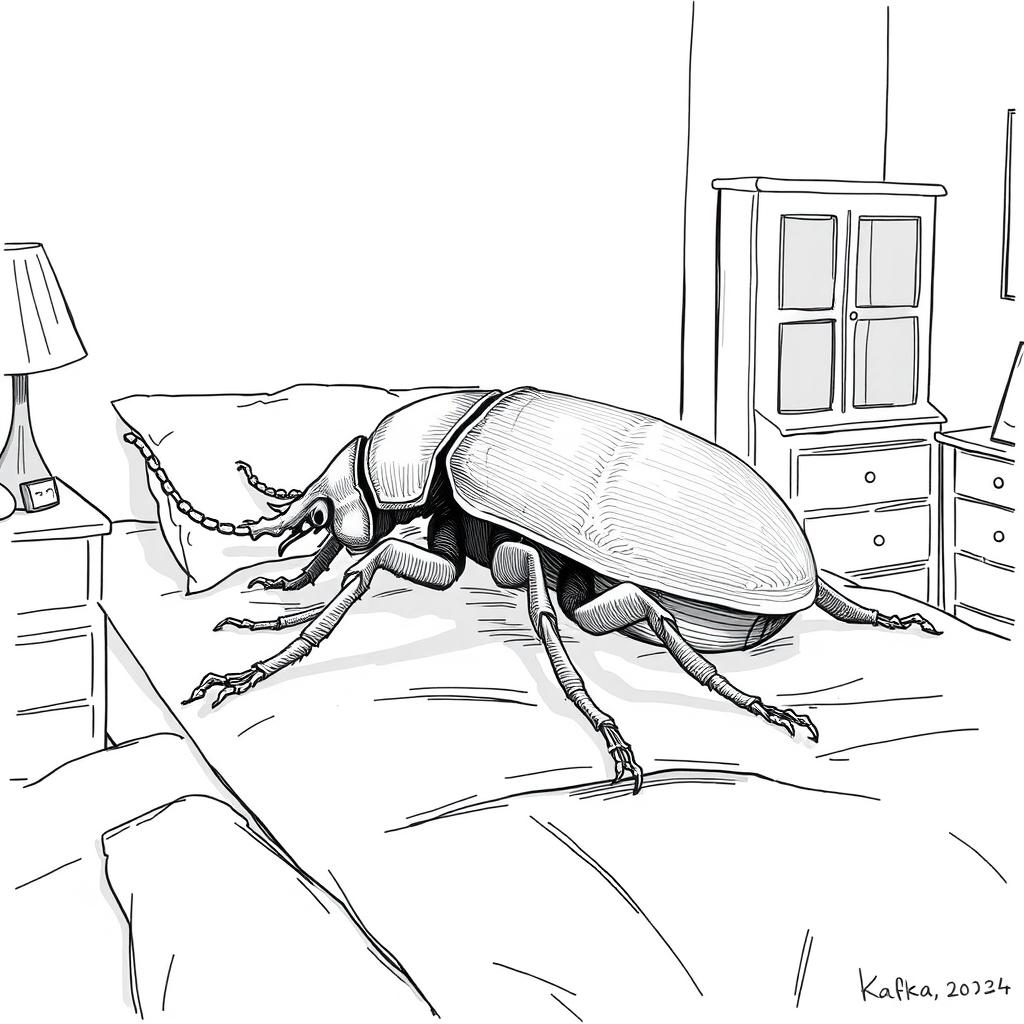 An illustration inspired by Kafka's 'Metamorphosis,' depicting the moment when the protagonist, transformed into a large beetle, lies helplessly on a bed