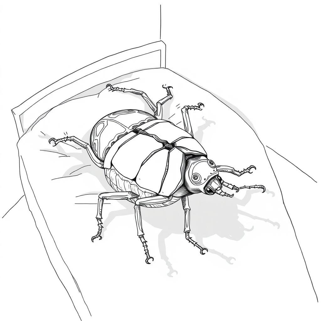 An illustration inspired by Kafka's 'Metamorphosis,' depicting the protagonist as a large beetle lying on its back on a bed, with its stomach exposed