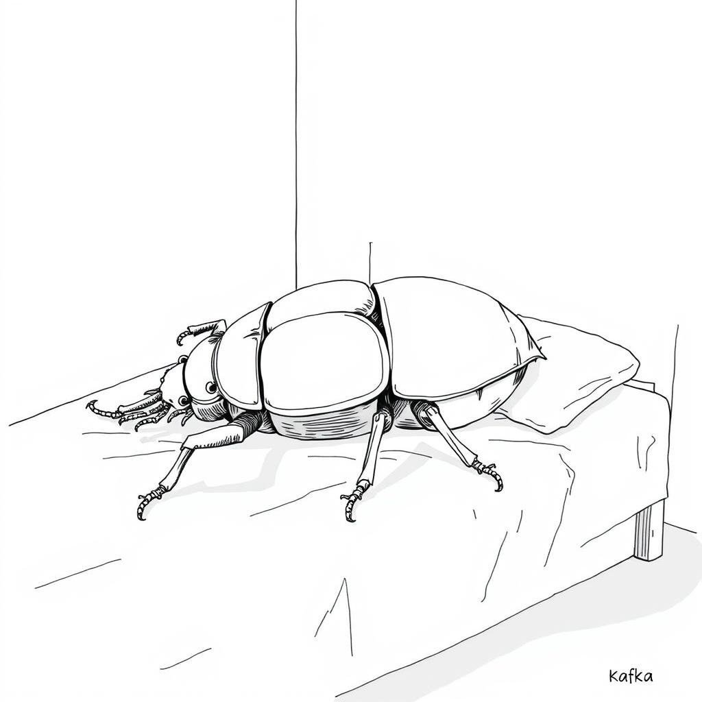 An illustration inspired by Kafka's 'Metamorphosis,' depicting the moment when the protagonist, transformed into a large beetle, lies on its back on a bed with its stomach turned outward