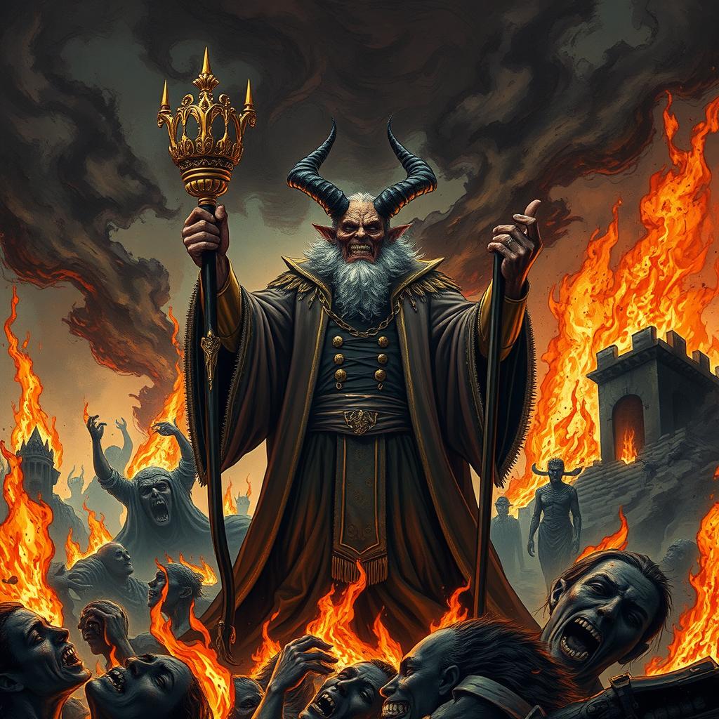 A dark, surreal illustration depicting a figure resembling a powerful leader, with a devilish grin, surrounded by flames and destruction