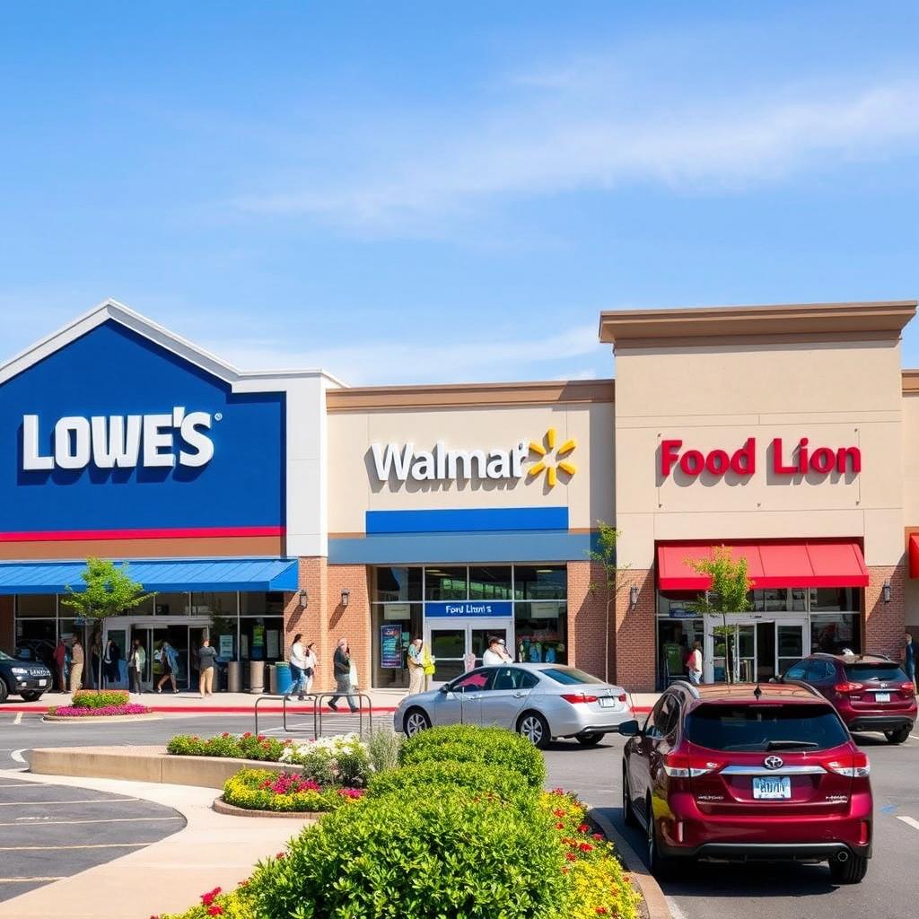 A bustling strip mall featuring a Lowe's Home Improvement store, a Walmart, and a Food Lion, all located under a bright blue sky