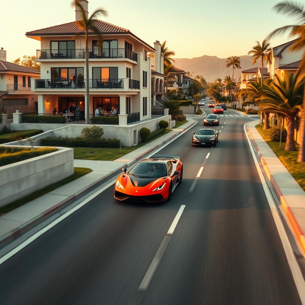 A gated community of luxurious two-story houses with elegant balconies filled with stylish people enjoying parties on expansive lawns