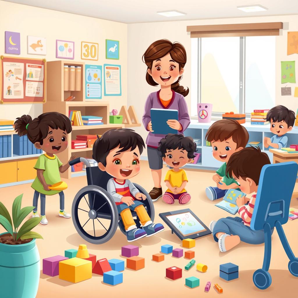 A heartwarming cartoon design depicting a special education classroom for children with disabilities