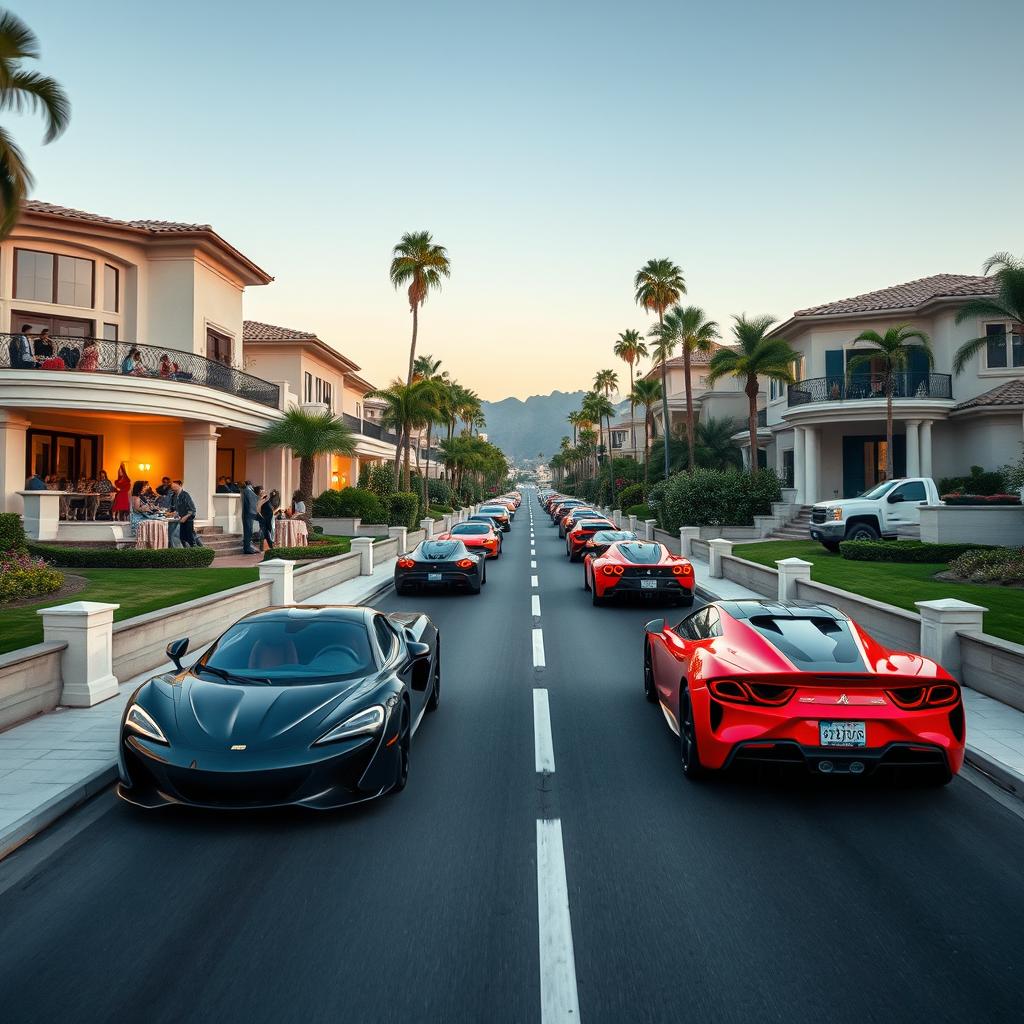 A gated community of opulent two-story houses featuring balconies adorned with elegant guests enjoying vibrant parties on expansive lawns in front of several residences