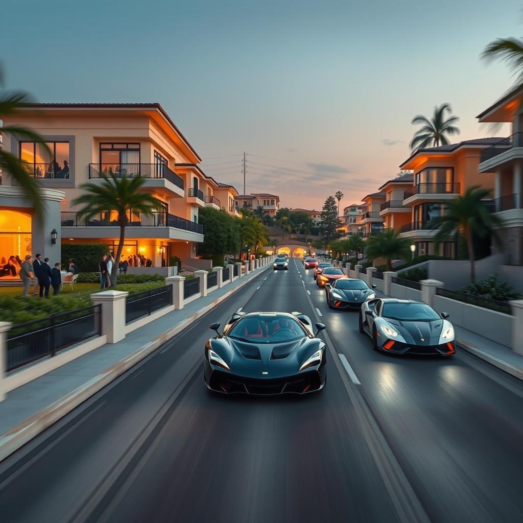 A vibrant gated community featuring luxurious two-story houses with elegant balconies, each adorned with sophisticated individuals enjoying lively parties on expansive lawns