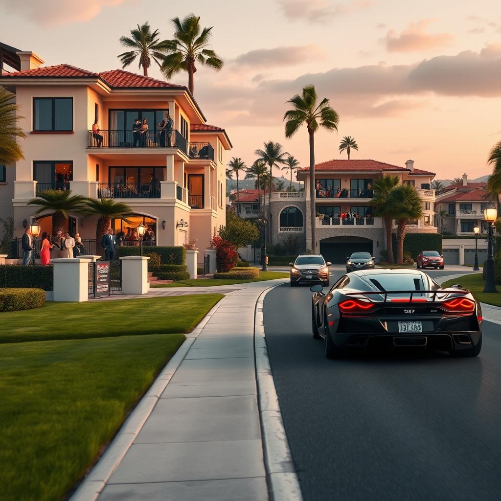A stunning hyper-realistic scene depicting a gated community reminiscent of Beverly Hills