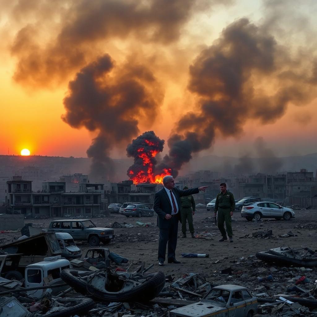 A dramatic scene depicting the aftermath of a fire in Gaza, with smoke billowing into the sky against a backdrop of a devastated urban landscape