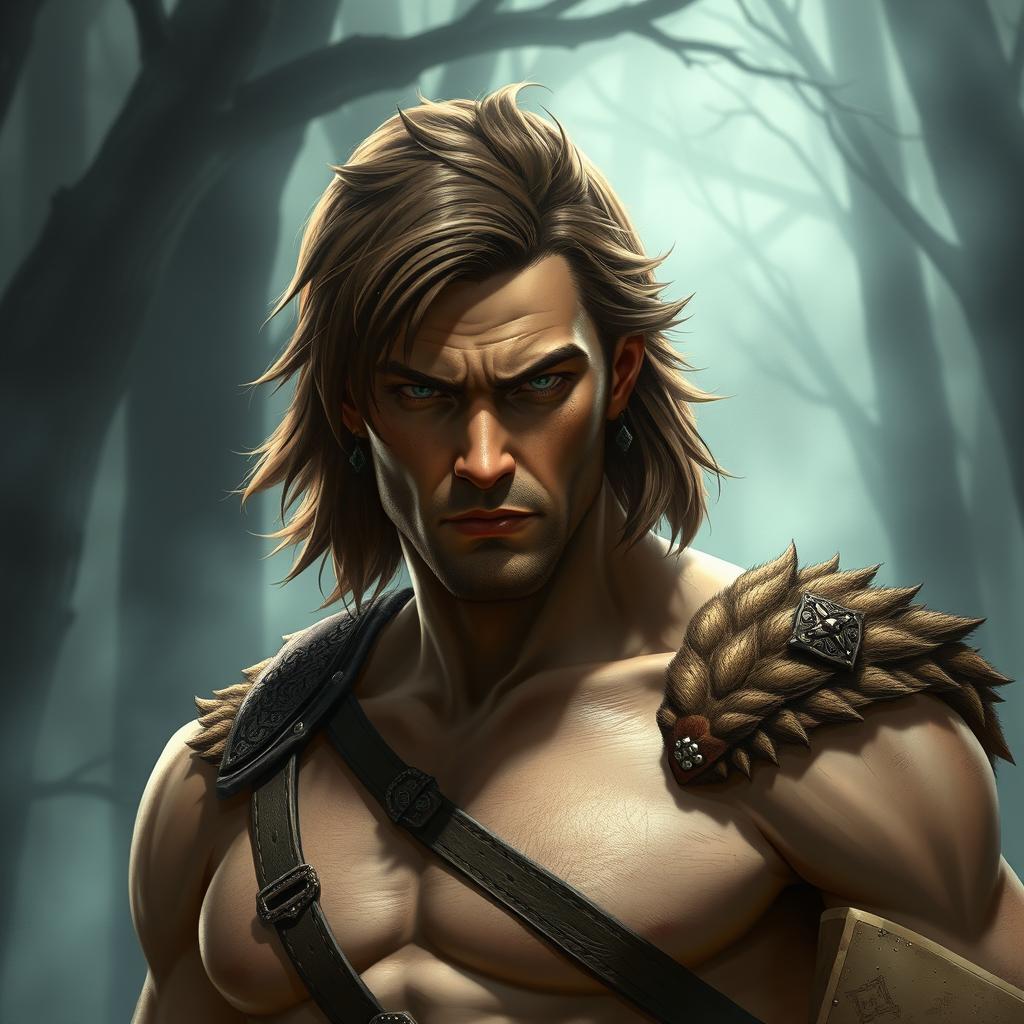 A realistic and intimidating male warrior possessing the unique ability to transform into semi-beast creatures