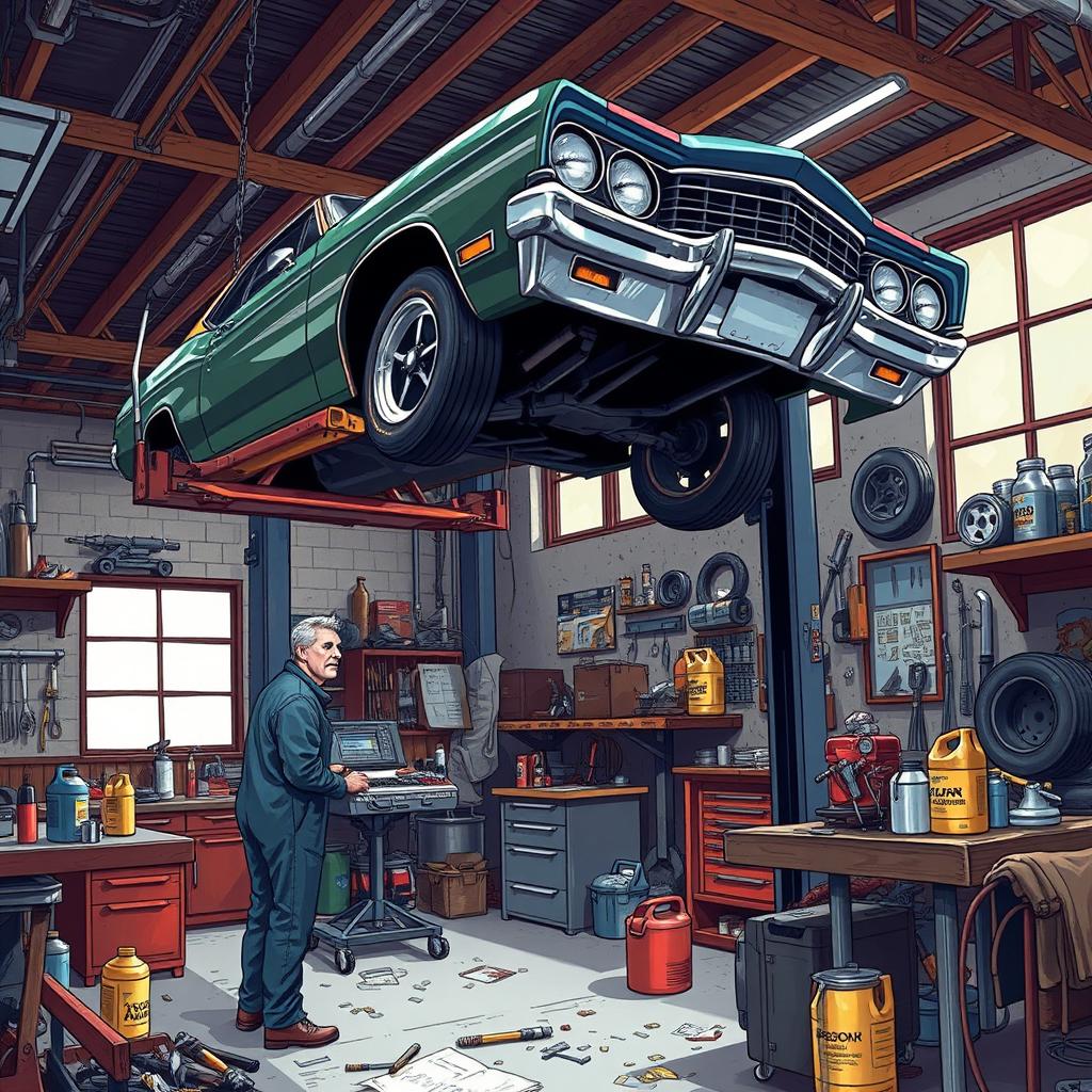 A detailed illustration of a mechanic's garage, bustling with activity