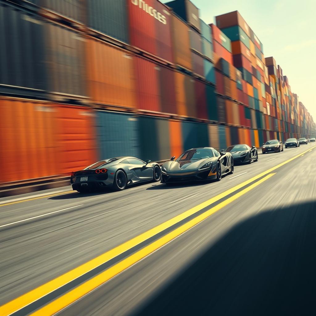 A dynamic scene depicting a high-speed highway lined with immense rows of colorful shipping containers