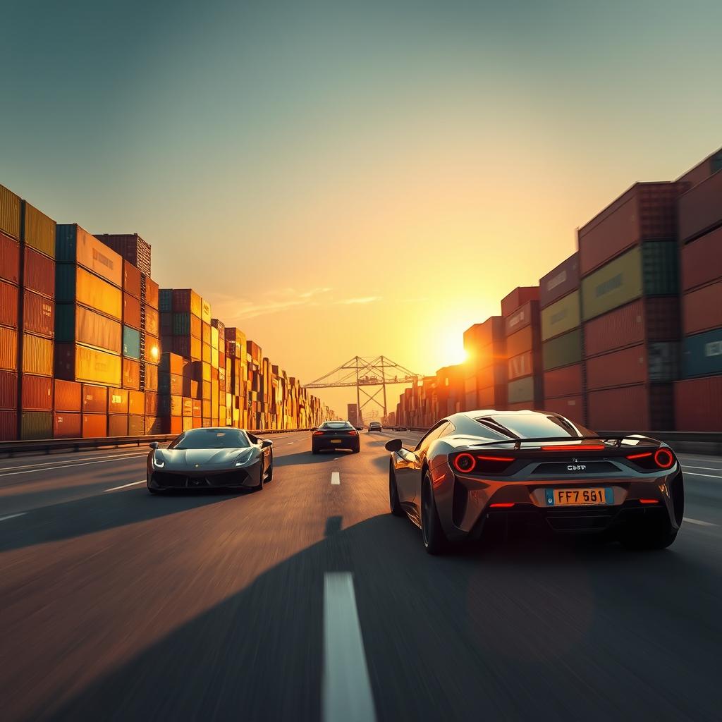 A dynamic scene depicting a high-speed highway bordered by towering rows of colorful shipping containers, capturing the essence of a bustling port