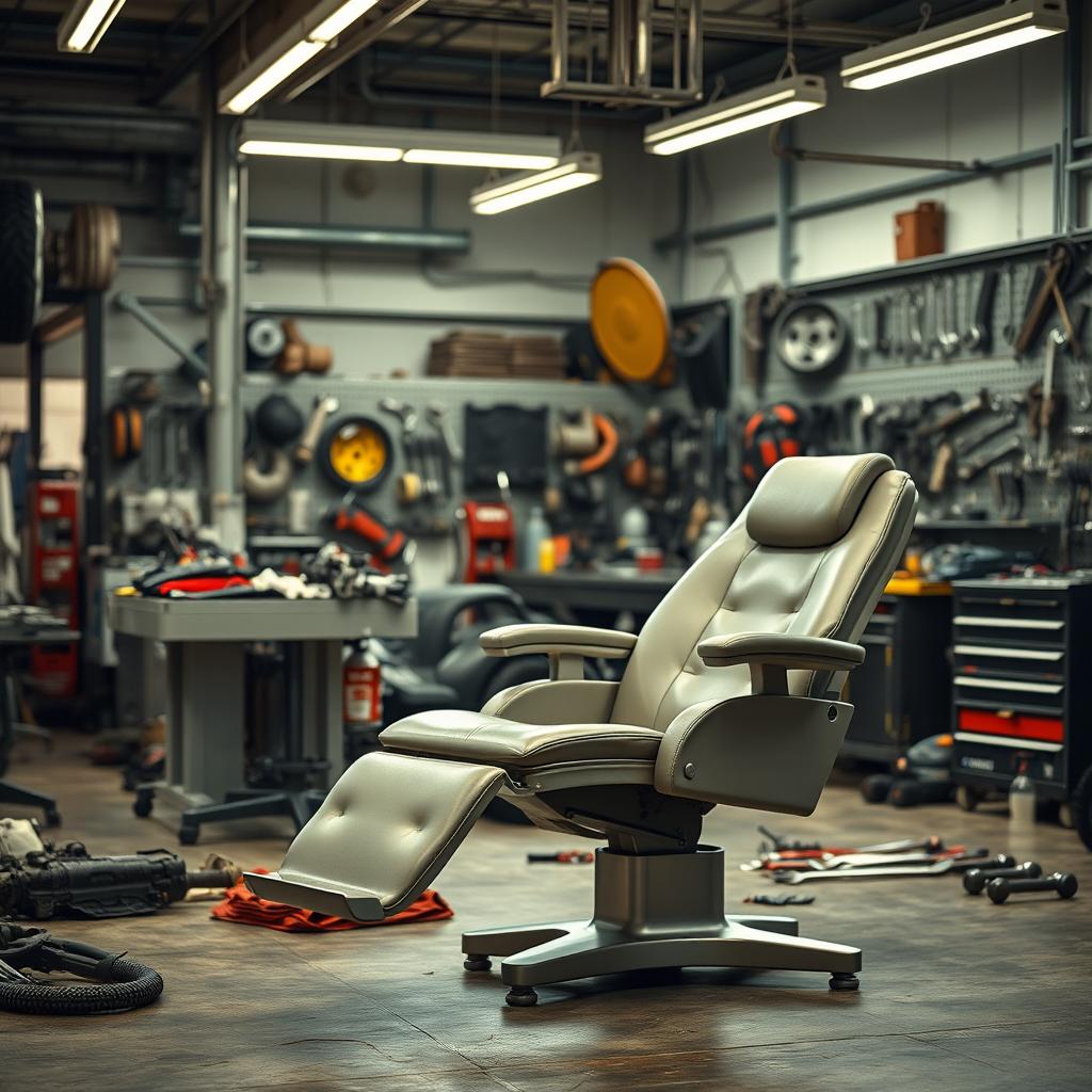 A gynecological chair with leg holders placed in a car mechanic garage
