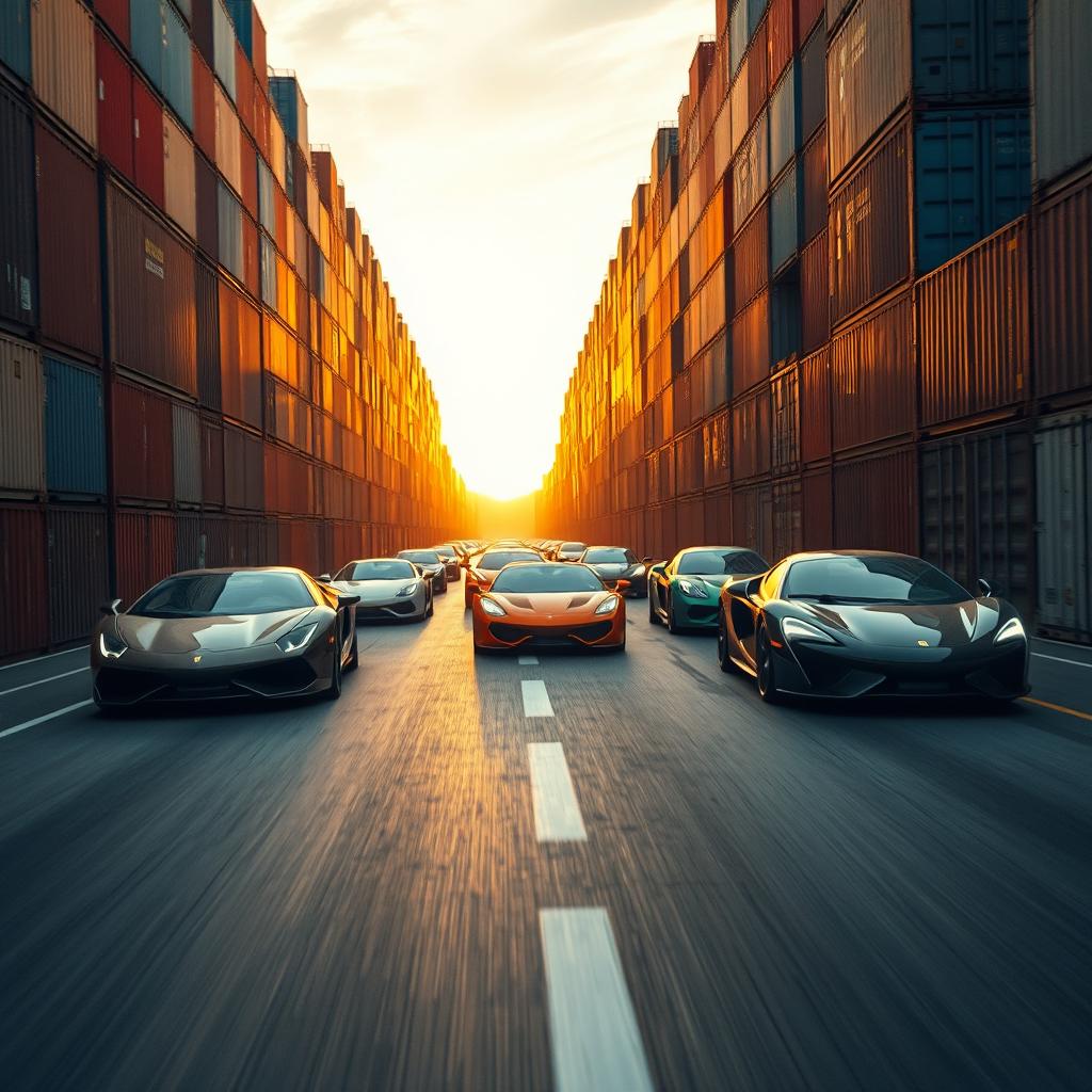 An asphalt space reminiscent of a road between massive rows of shipping containers tightly grouped together