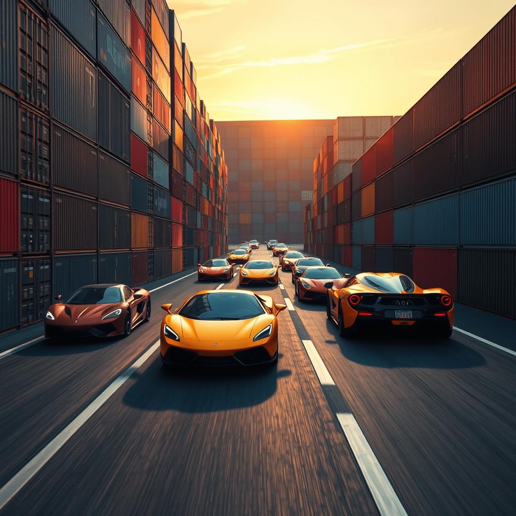 An asphalt space resembling a road between long rows of shipping containers stacked in multiple layers, with a vibrant sunset casting dramatic shadows