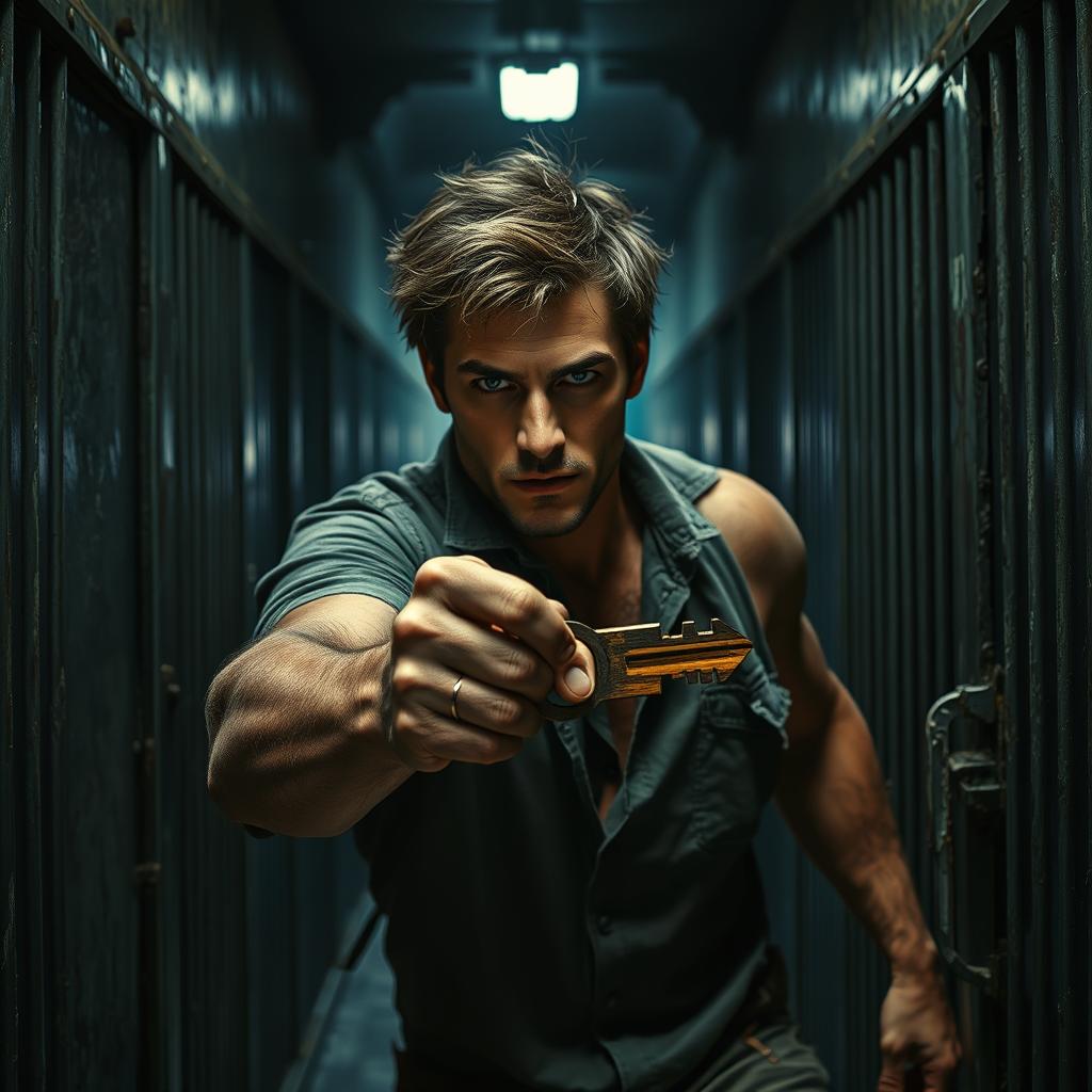 A realistic depiction of a rugged prisoner breaking through the final door in a prison