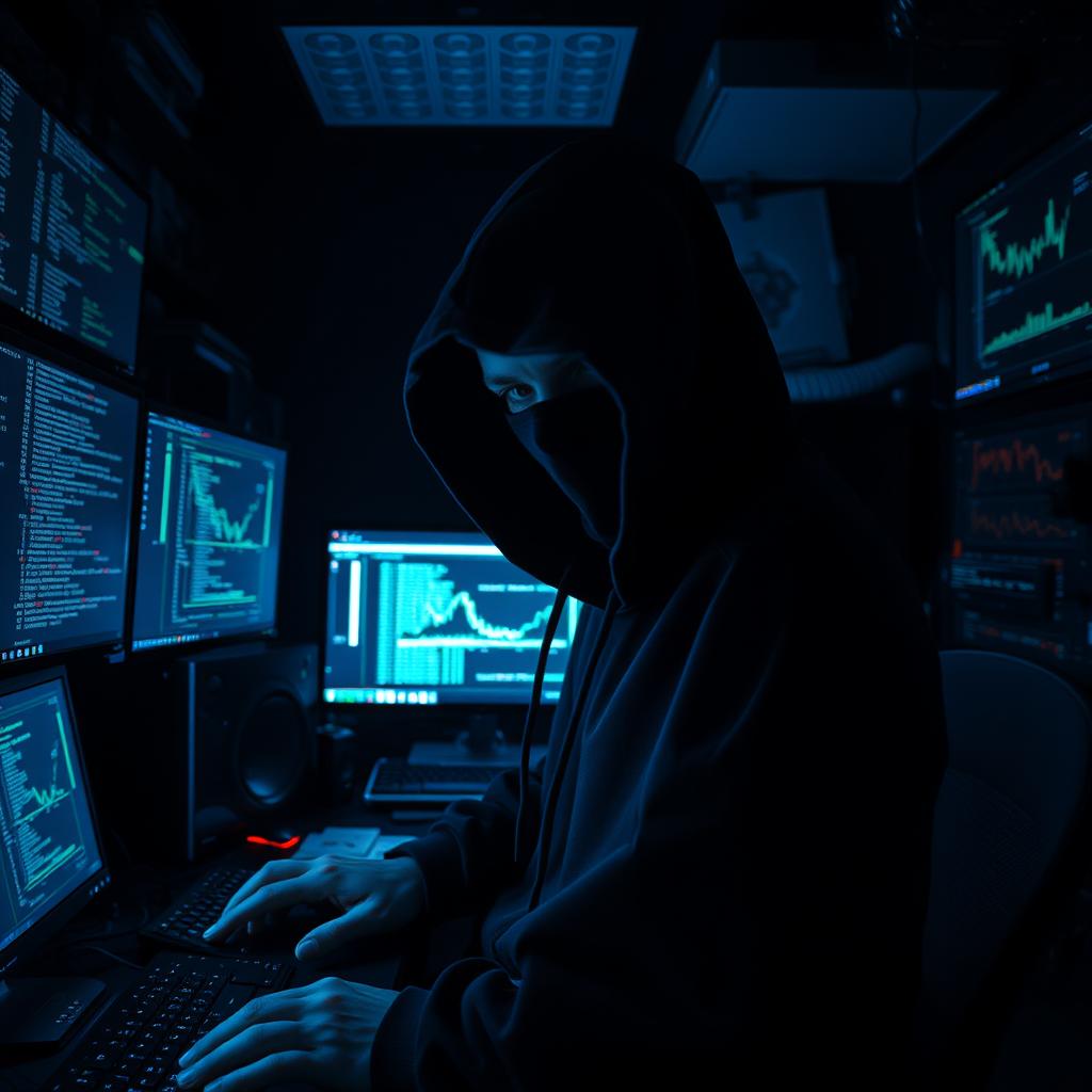 A mysterious hacker in a dark room, illuminated by glowing computer screens displaying lines of code and digital graphs