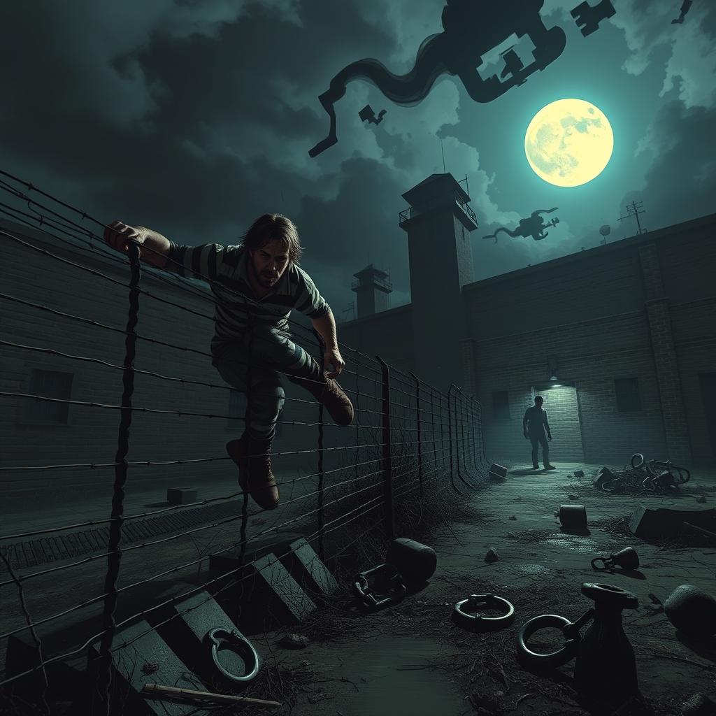 A dramatic scene depicting a daring prison escape at night