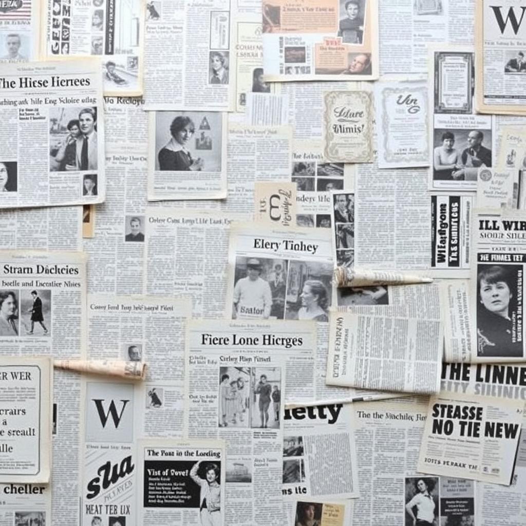 An aesthetic wallpaper design featuring an artistic arrangement of old and new newspapers, layered and overlapping each other