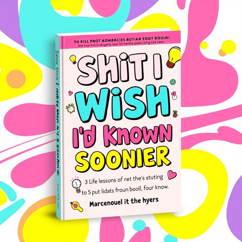 A vibrant and playful book cover design for a book titled "Shit I Wish I'd Known Sooner"