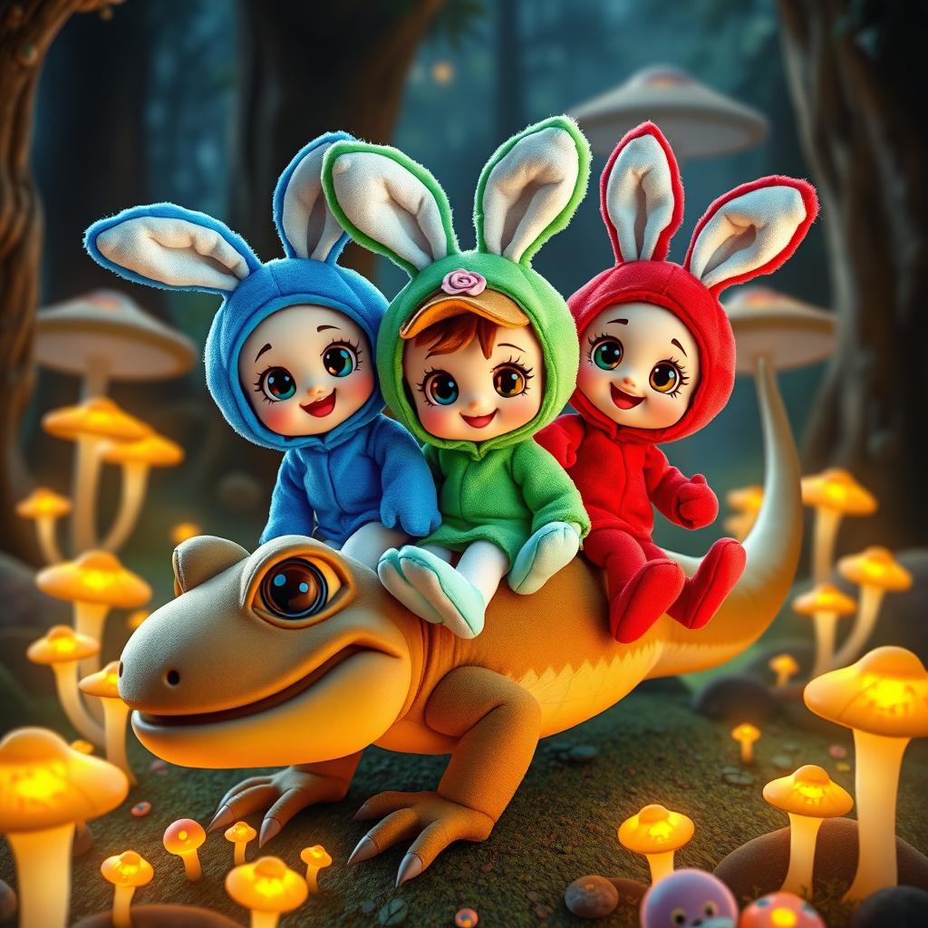 Three adorable plush toy characters dressed in colorful bunny-eared costumes: one in bright blue, another in vibrant green wearing a small brown hat, and the last in eye-catching red