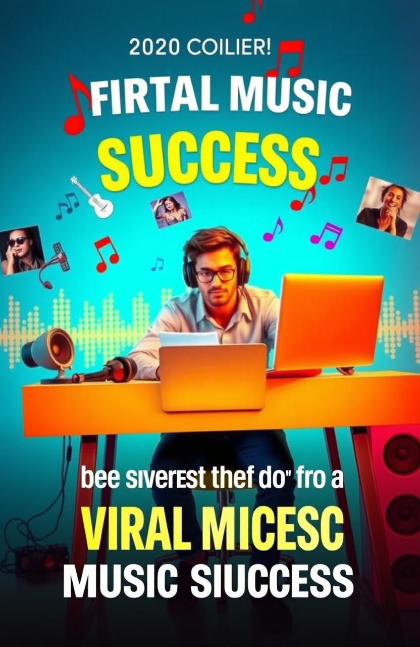 A visually striking and creative representation of a person sitting at a modern desk, surrounded by music equipment like a laptop, headphones, and musical notes floating in the air