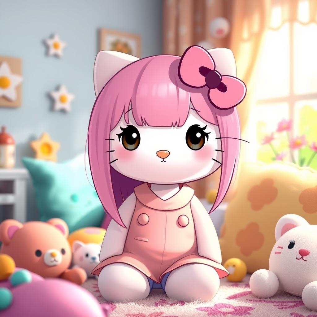 A cute and charming depiction of Hello Kitty with straight hair and two pink strands