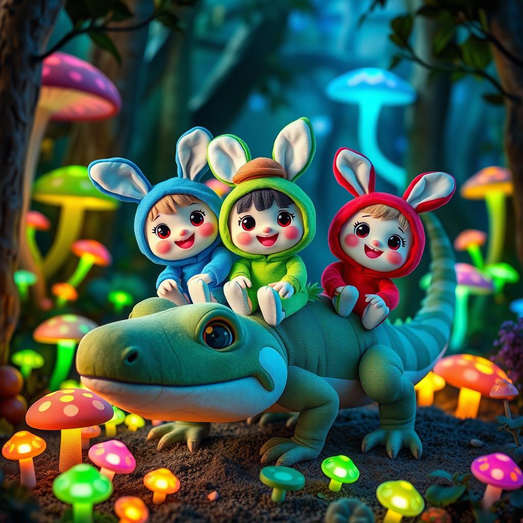 Three delightful plush toy characters adorned in colorful bunny-eared costumes: one dressed in bright blue, another in lively green wearing a small brown hat, and the last in vibrant red