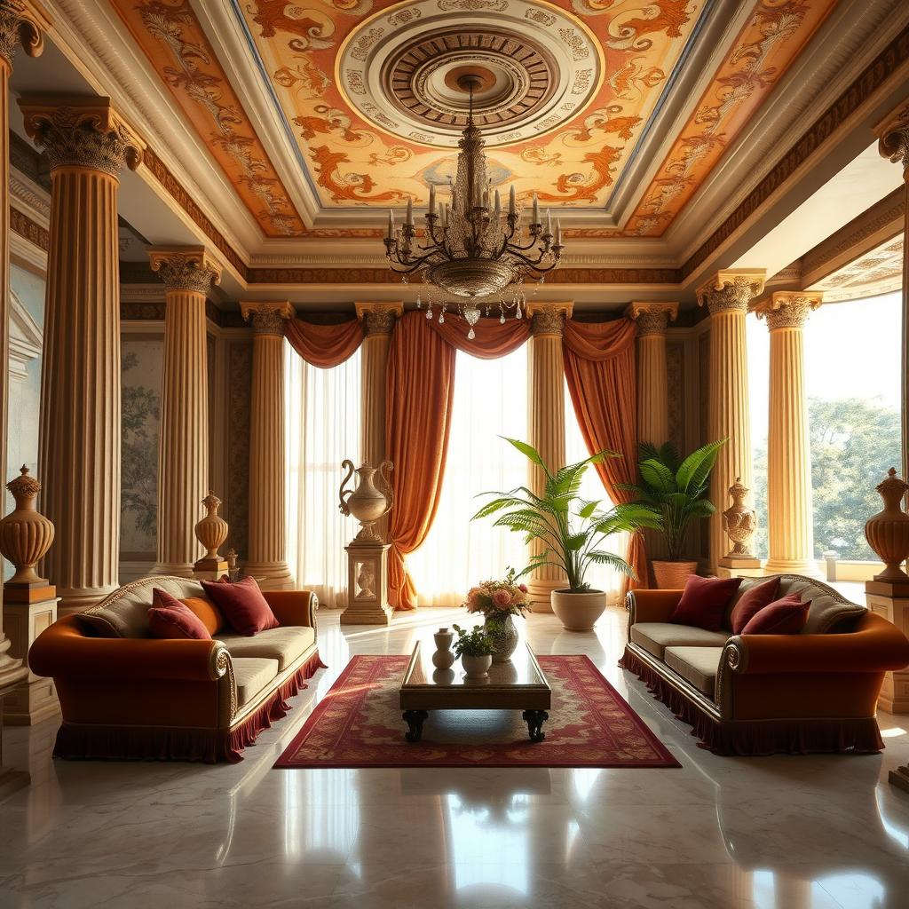 A luxurious Ancient Greek-Roman style living room with elegant columns, intricate frescoed walls, and a marble floor
