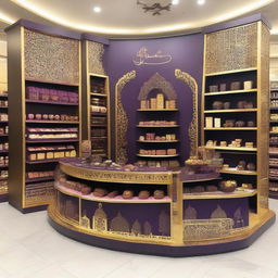 A luxurious supermarket chocolate display in an Islamic-Arabic style for Ramadan. It features shelves, 4-directional view, lanterns, Islamic geometric shapes, and is predominantly purple and gold.