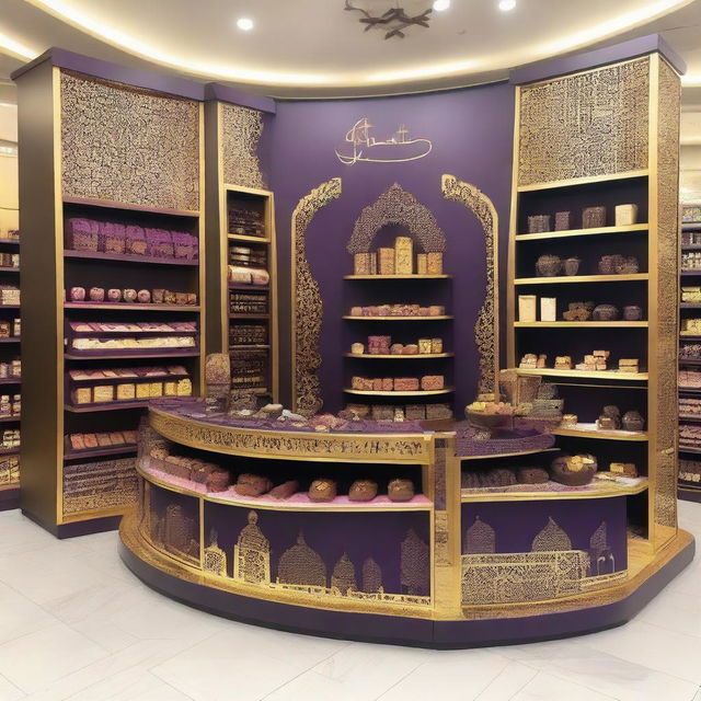 A luxurious supermarket chocolate display in an Islamic-Arabic style for Ramadan. It features shelves, 4-directional view, lanterns, Islamic geometric shapes, and is predominantly purple and gold.