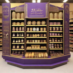 A luxurious supermarket chocolate display in an Islamic-Arabic style for Ramadan. It features shelves, 4-directional view, lanterns, Islamic geometric shapes, and is predominantly purple and gold.