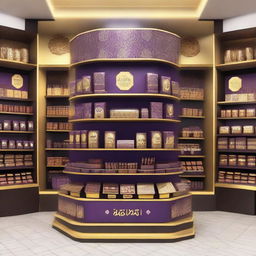 A luxurious supermarket chocolate display in an Islamic-Arabic style for Ramadan. It features shelves, 4-directional view, lanterns, Islamic geometric shapes, and is predominantly purple and gold.