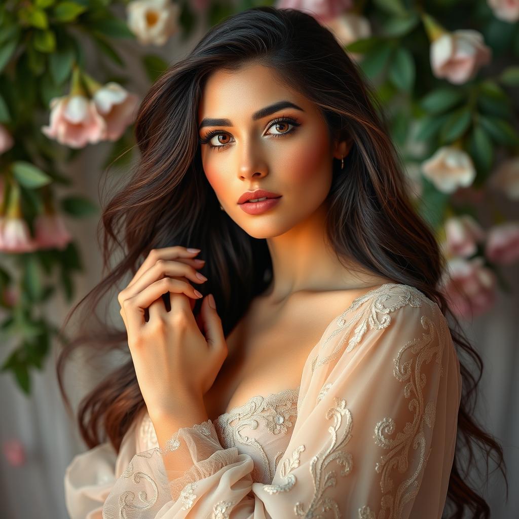 A stunning portrait of a woman inspired by Celina Evangelista, featuring vibrant, ethereal lighting that highlights her graceful features