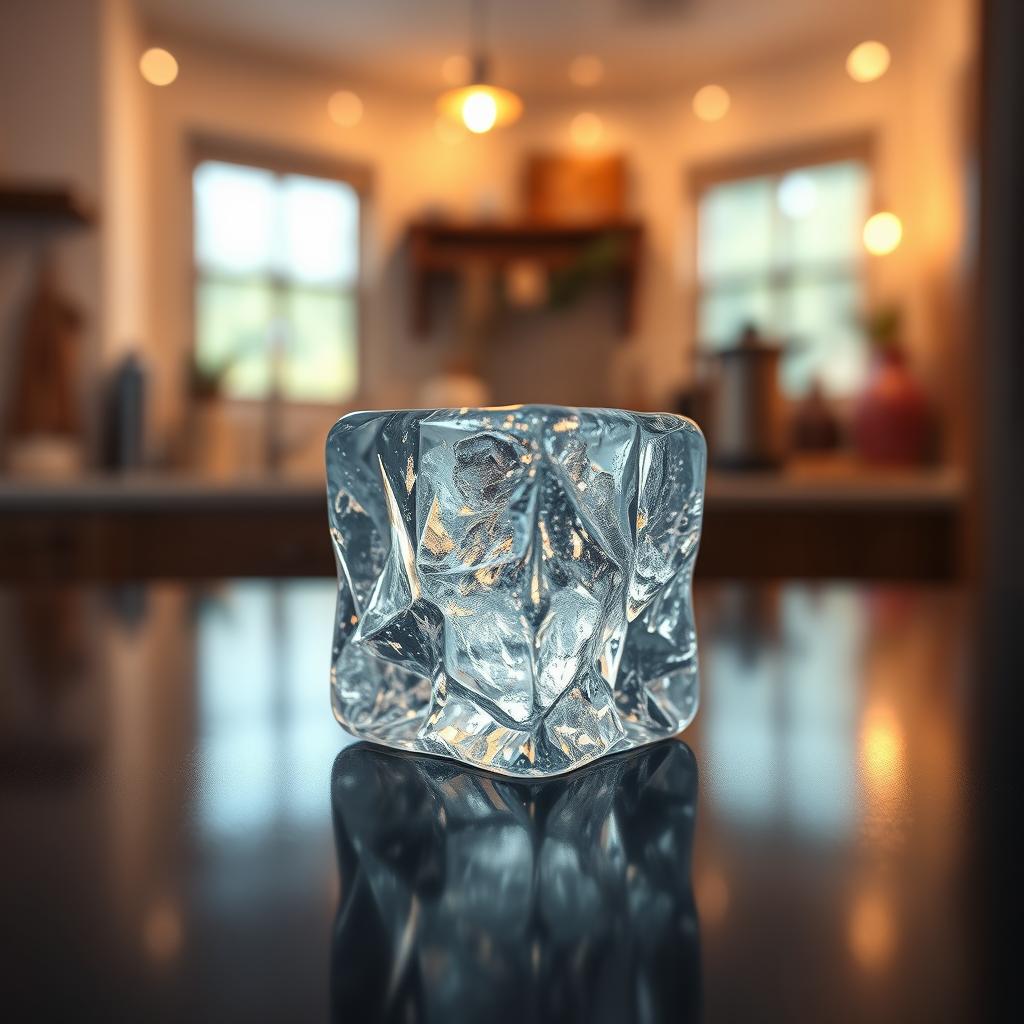 A hyper-realistic image of a single, detailed ice cube resting on a smooth black surface